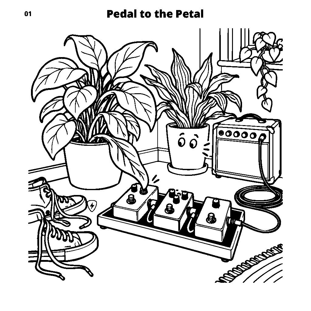 Black-and-white colouring page with plants, guitar pedals, an amplifier and trainers