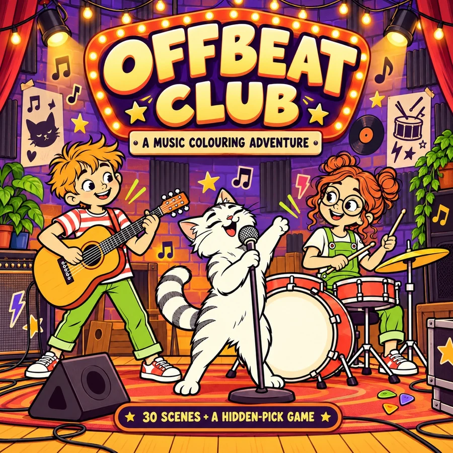 OFFBEAT CLUB: A Music Colouring Adventure cover, showing cartoon musicians and a cat performing on a colourful stage.